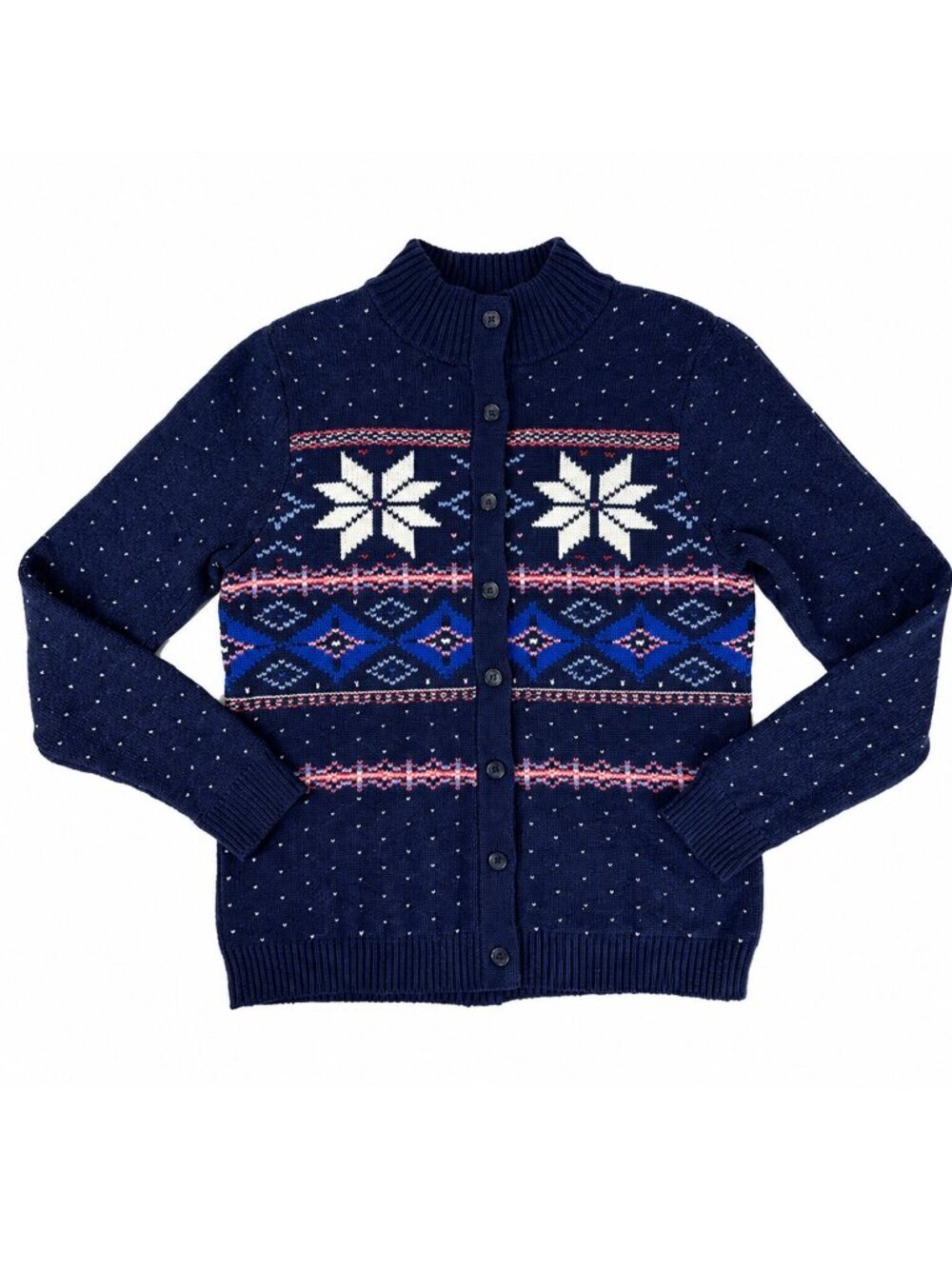 Lands' End Fair Isle Cardigan Sweater Women's M 10-12 Nordic Heavyweight Knit